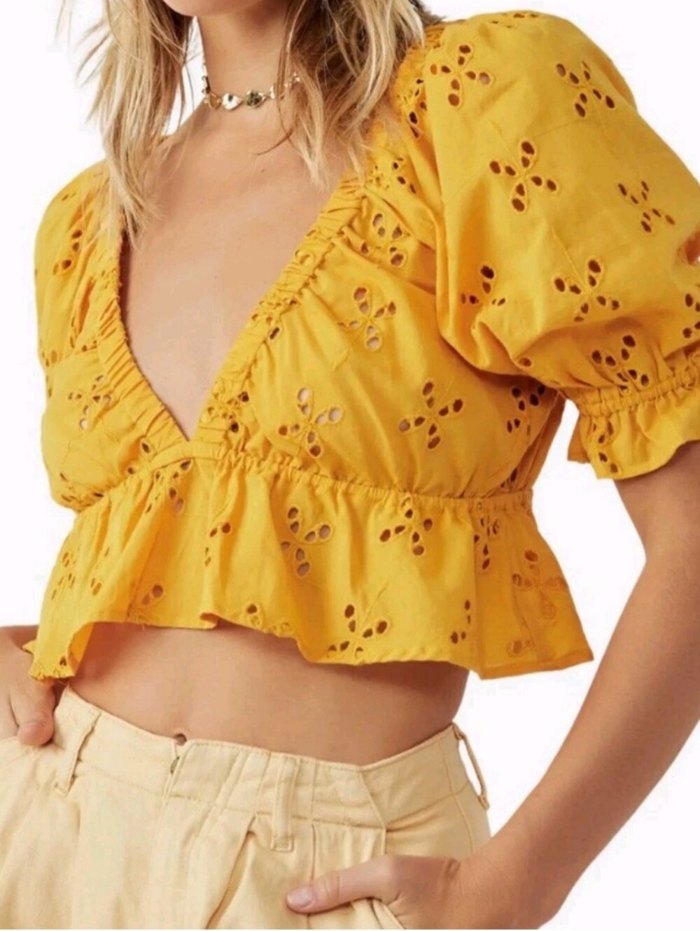Free People Gardenia Eyelet Crop Top Golden Girl/Mustard Color